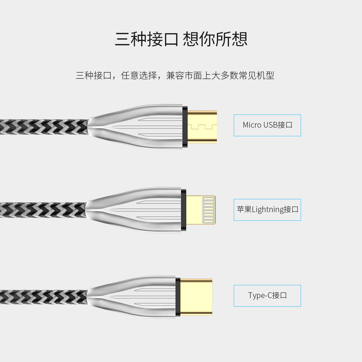 0数据线,充电传输两不误 三种接口,任意选择,兼容市面上大多数