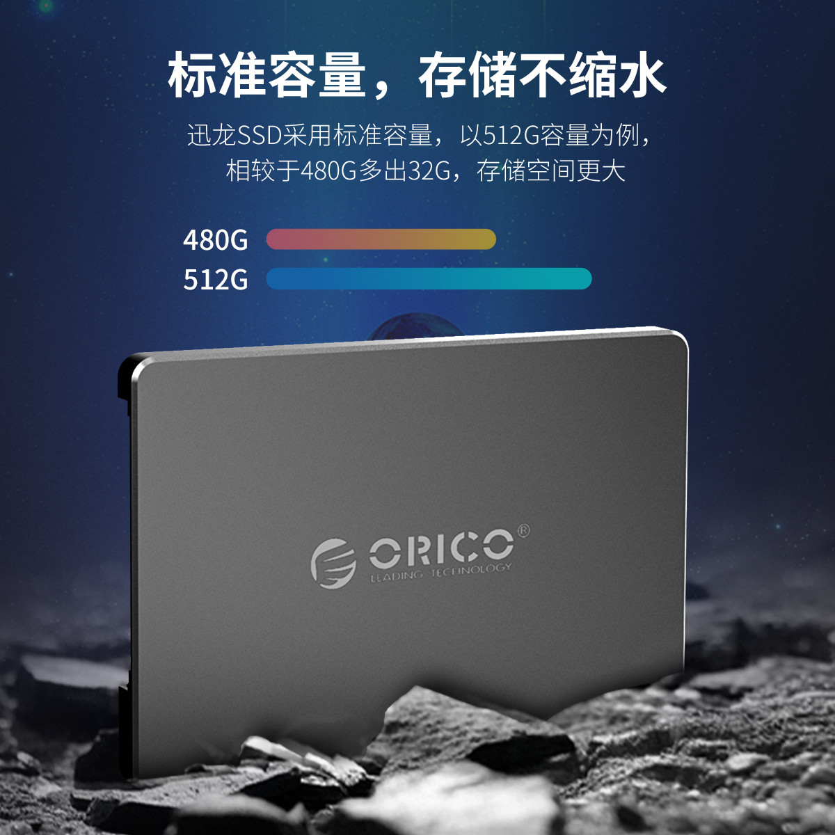 Orico 迅龙SSD固态硬盘采用标准容量，存储空间更大